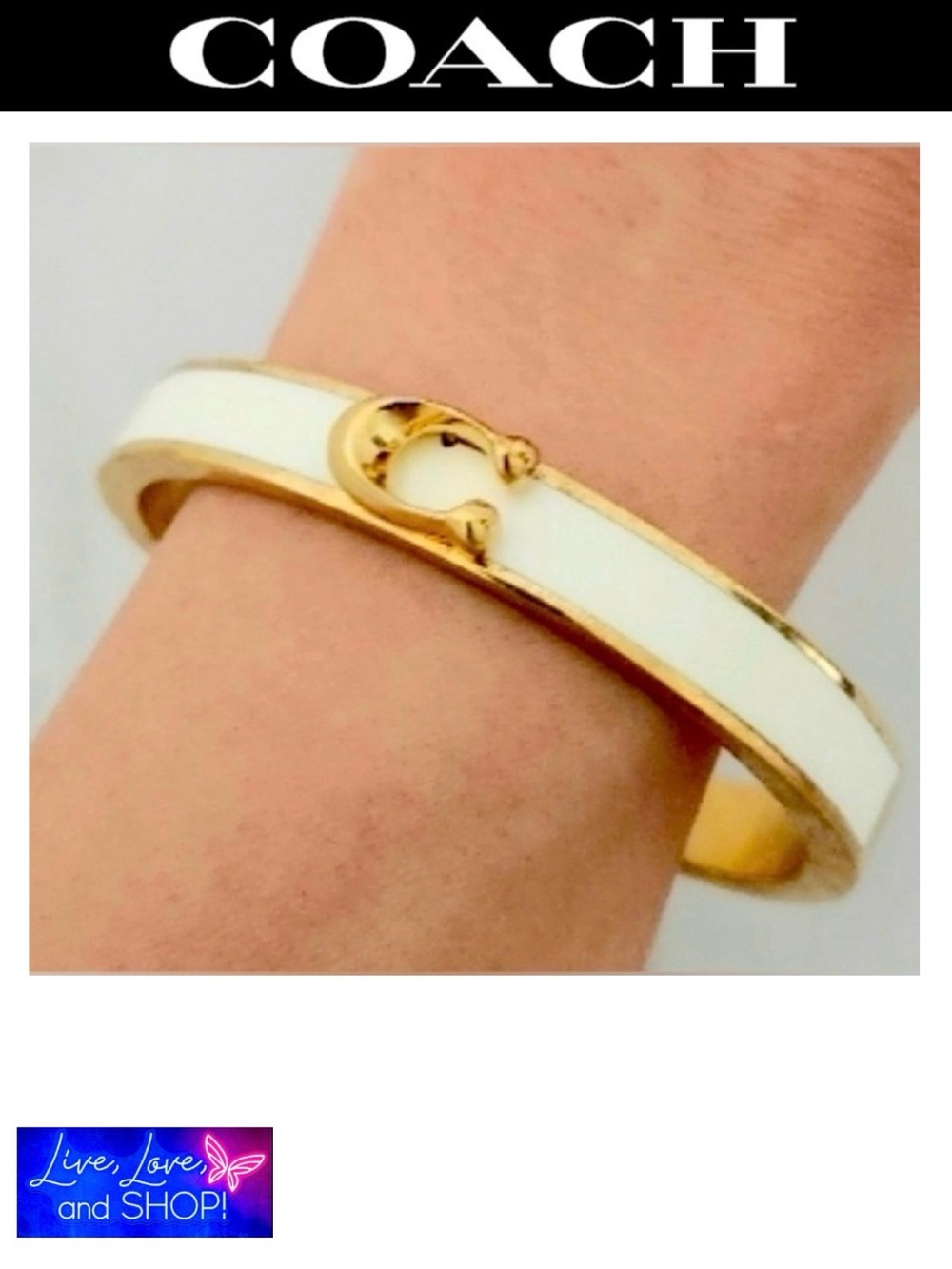 COACH White & Gold Emblem Magnetic Bangle Bracelet, EUC